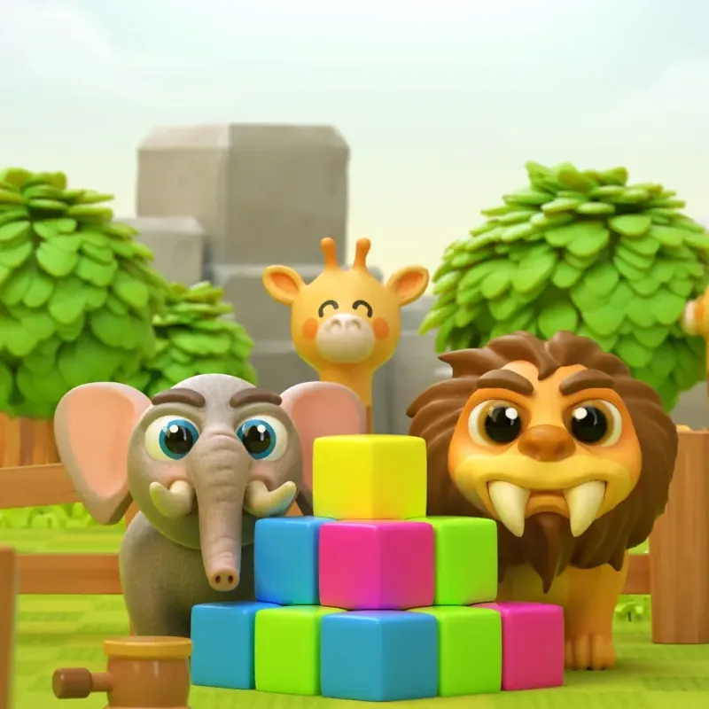 Animal Park: an elephant, a giraffe and a lion around a stack of coloured blocks
