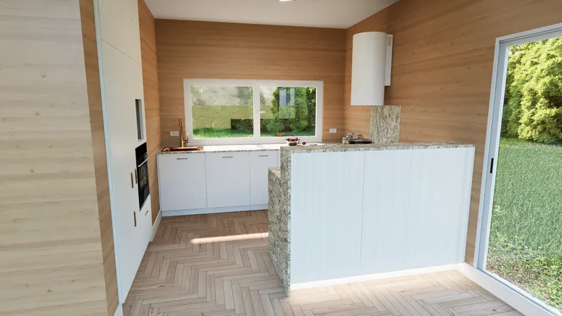 Render of a kitchen with a white fluted bar, granite top and oak-panelled walls, with a garden door