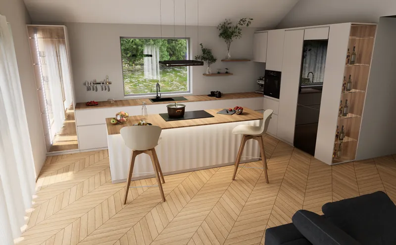 Render of a family kitchen with a fluted island, oak floor and tall glass cabinets