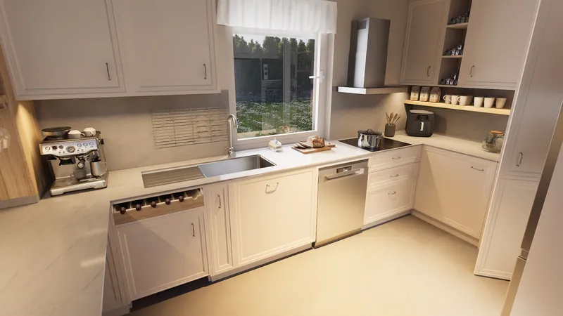 Cream kitchen with a glass rack