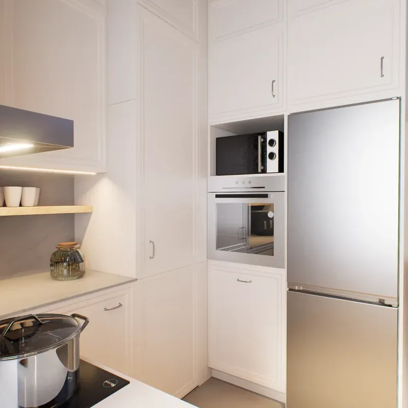 Render of white panelled tall units with a built-in oven, microwave niche and fridge