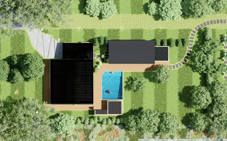 Szczedrzyk house from above: two black roofs, a pool, timber decking and the garden