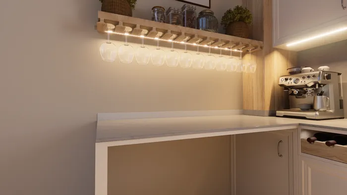 Render of an oak shelf with a lit wine-glass rack above a marble worktop