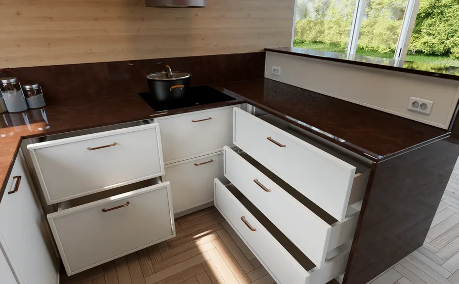 Render of white kitchen drawers pulled open under a dark marble worktop
