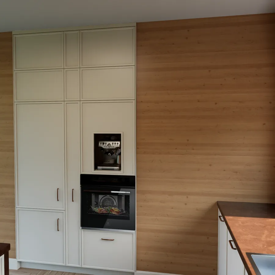 Render of tall cream units with a built-in oven and coffee machine niche against a timber wall